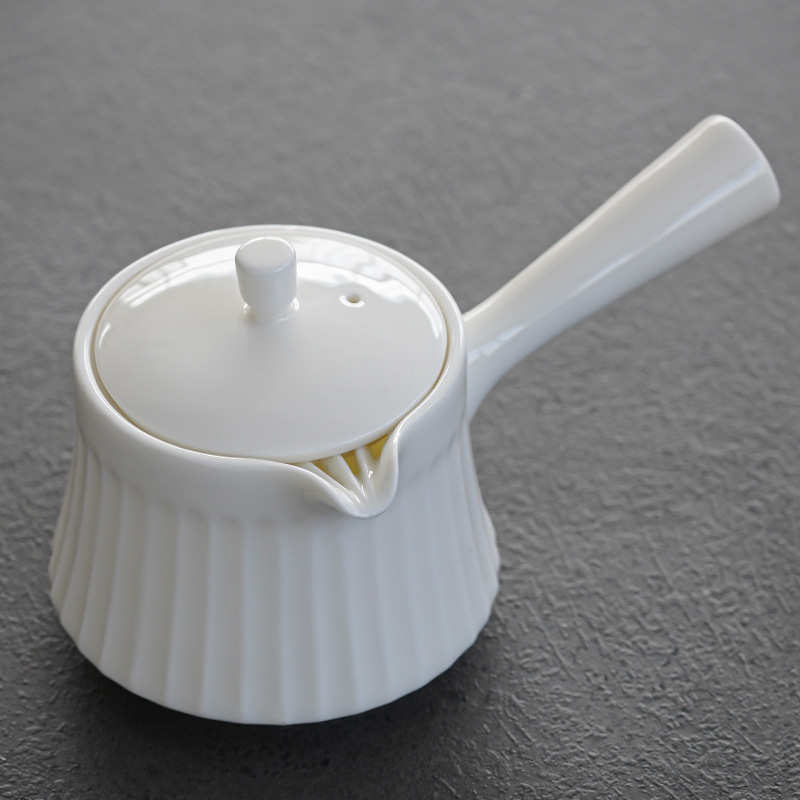 儒趣 日式创意侧把壶白瓷竖纹小茶壶家用办公陶瓷过滤泡茶器单壶