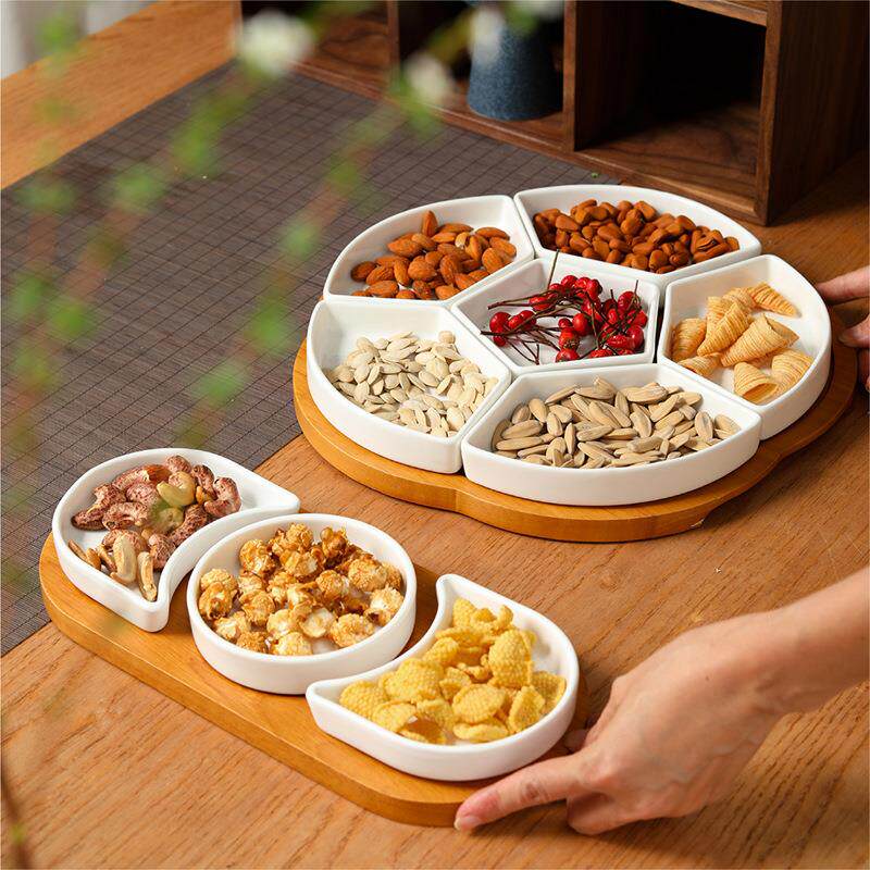 陶瓷果盘新年零食盘家用分格干果盘瓜子坚果拼盘糖果盘点心小吃碟