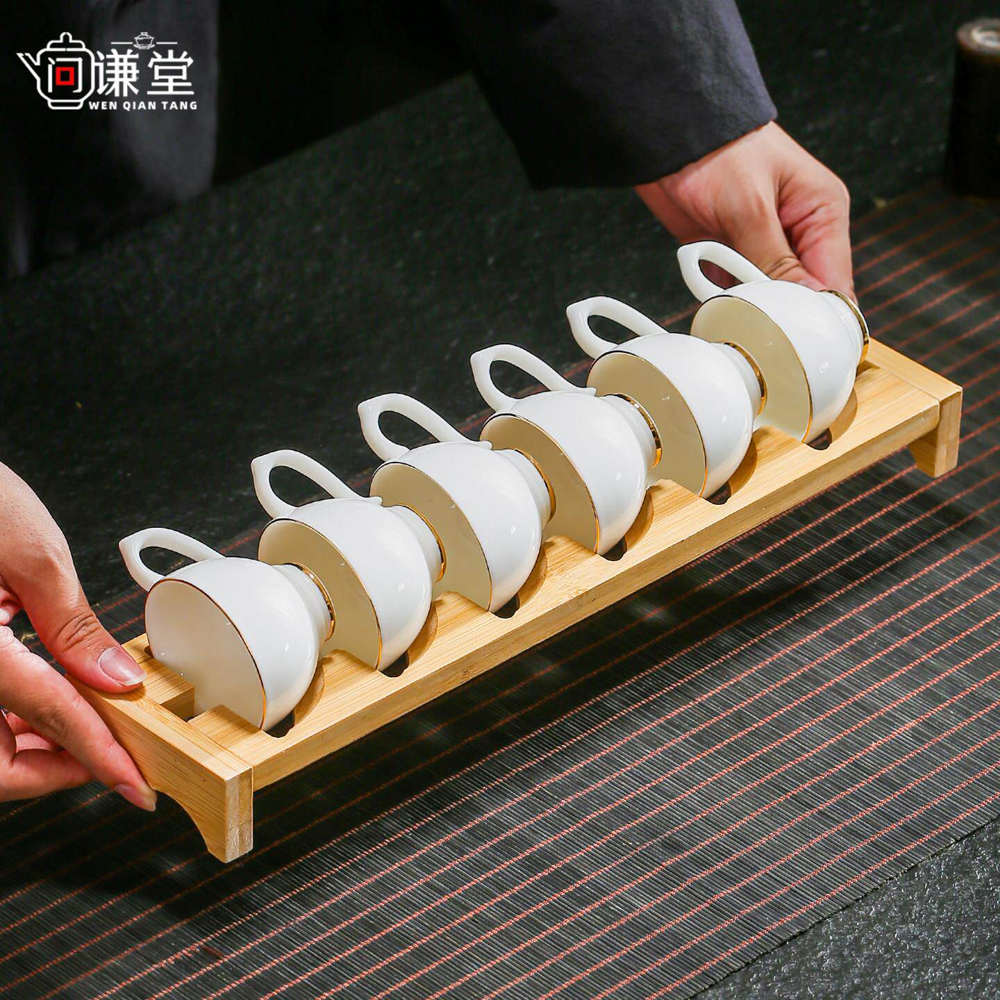 防烫手带把功夫小茶杯6祇装家用茶具喝茶茶碗陶瓷品茗杯有耳手柄