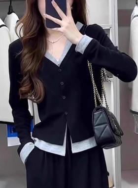 春女打底衫黑色假V领长袖T恤季新款大码胖显瘦针织开衫上衣0110k