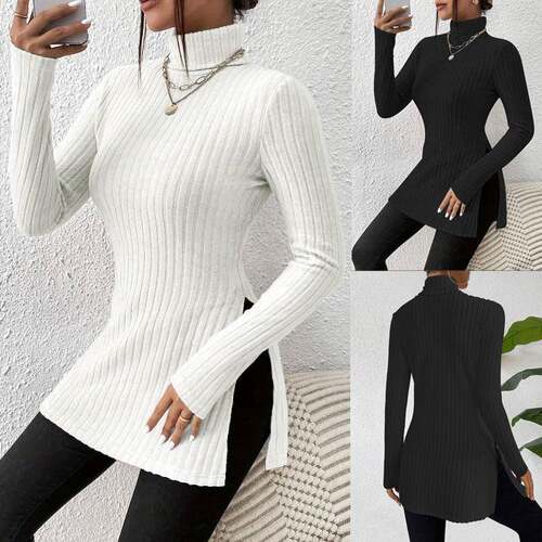Women Casual Color Neck Slim Sleeve Autumn Winter Split Hem