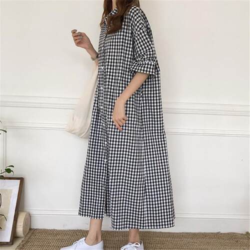 Long style cotton and linen dress, loose short sleeved