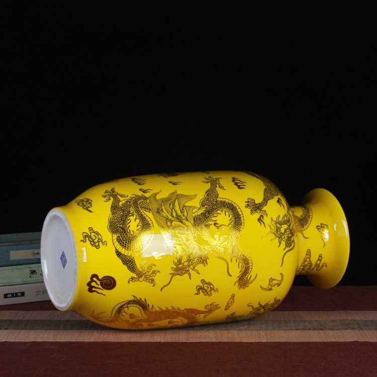 景德镇陶瓷工艺品 珐琅彩 黄色金龙冬瓜落地大花瓶中式家居摆设