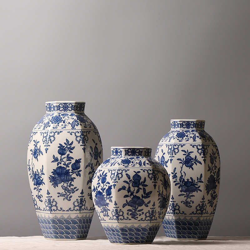 中式青花瓷海水纹折纸花果纹装饰品 陶瓷花瓶创意插花摆件 三件套