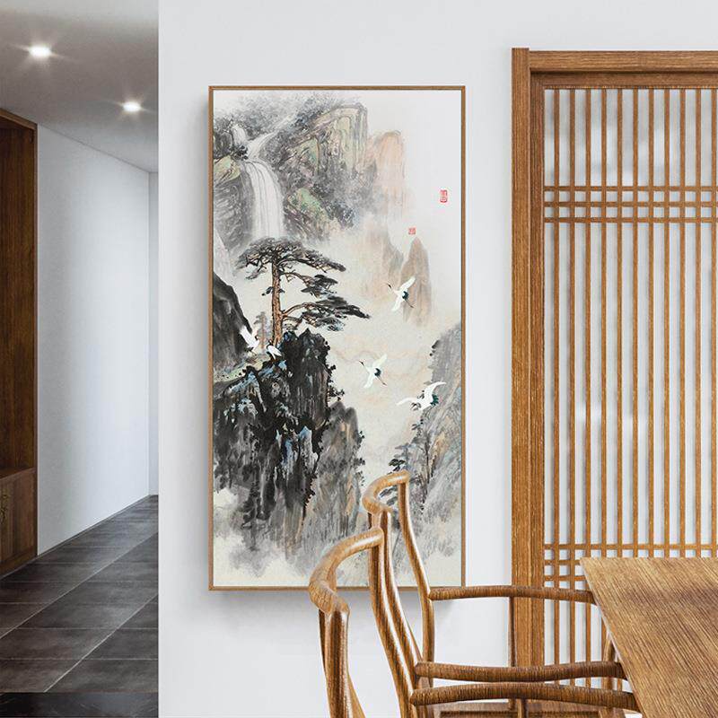 松鹤长春新中式玄关装饰画竖版大气风水招财迎客松挂画办公室走廊