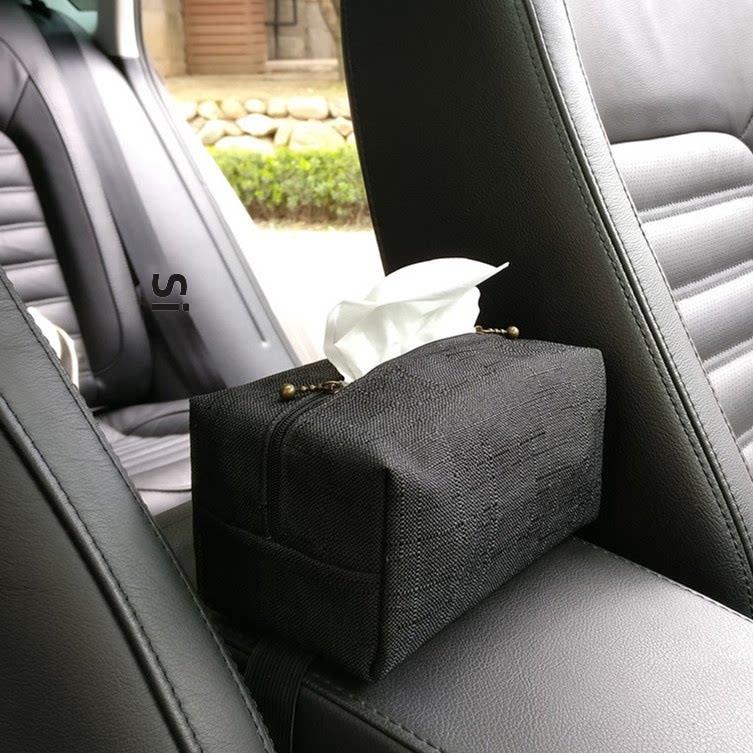 黑色布艺车用纸巾盒座式可固定在扶手箱靠枕椅背汽车载纸巾包软包