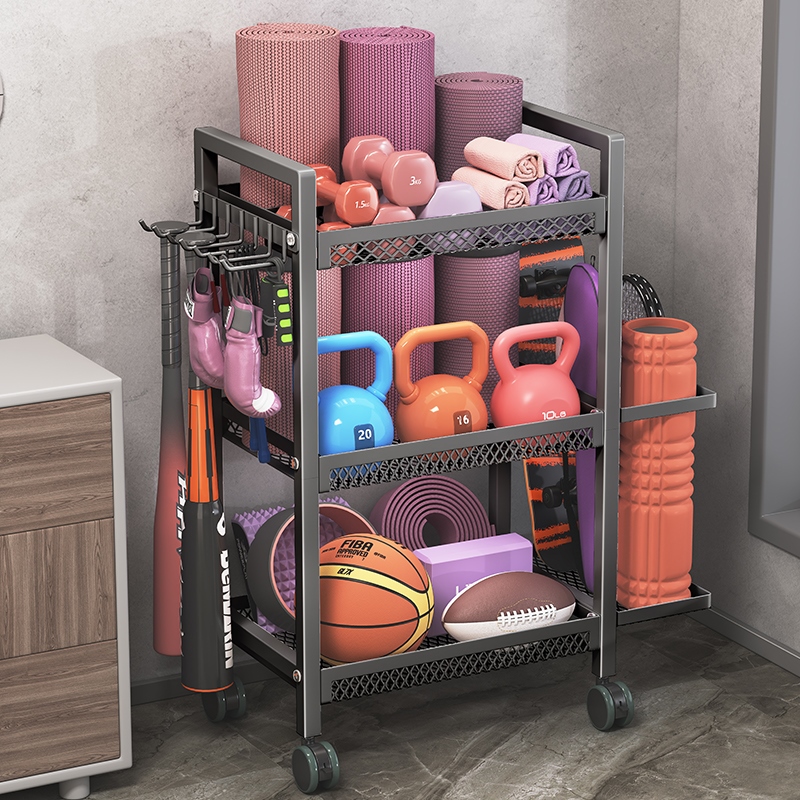 运动器材收纳架落地带轮球类健身用品置物架家用瑜伽垫收纳篮多1