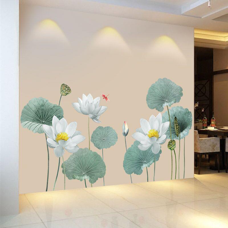 大型荷花客厅背景卧室背景墙面装饰自粘墙贴画书房装饰贴纸定制图片