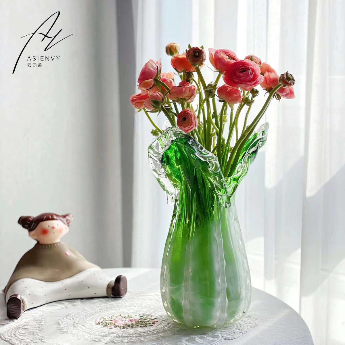 北欧创意设计白菜造型双拼色渐变玻璃花瓶插花客厅家居设计师软装