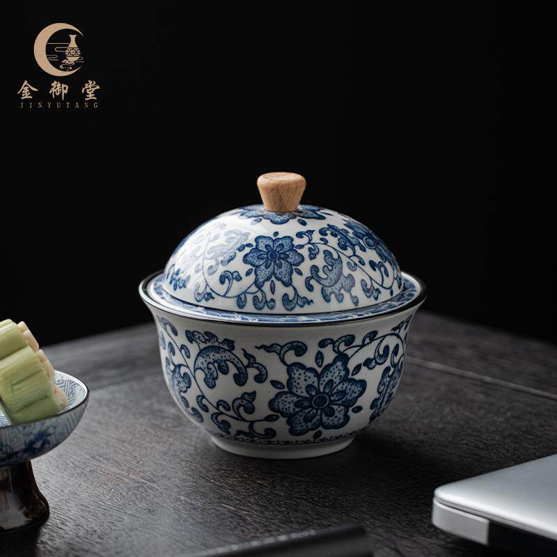 中式复古青花瓷烟灰缸带盖防风防飞灰家用客厅轻奢级大号桌面摆件