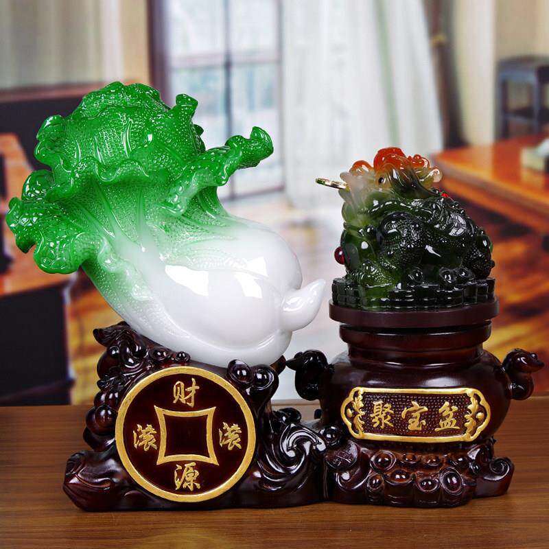 招财玉白菜金蟾摆件大号聚宝盆工艺礼品新店铺开 业收银柜台吧台