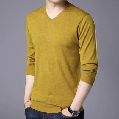上衣男士春秋季长袖T恤衫V领修身韩版青年薄款毛衣男针织打0828d