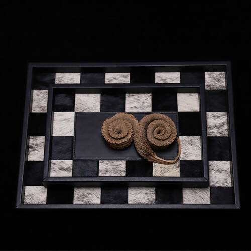 侘寂风家居香薰黑白棋盘格马毛饰品托盘摆件皮革包边玄关收纳盘