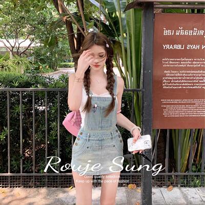 ROUJE SUNG甜酷辣妹少女浅蓝牛仔背带裙女春季减龄小个子连衣裙裤