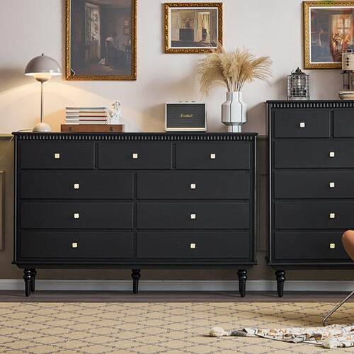 法式实木九斗柜黑色美式小户型客厅窄储物收纳柜卧室靠墙置物Tω