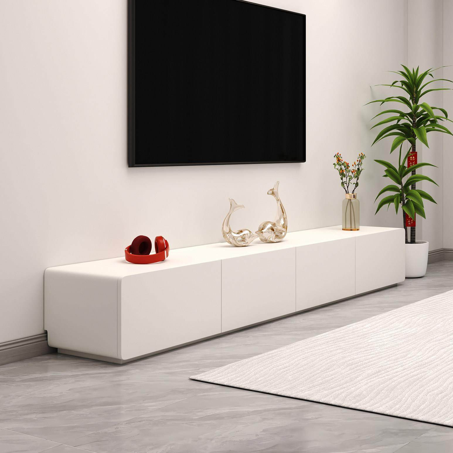 北欧奶油风实木电视柜茶几组合现代简约白色烤漆圆角落地电视机柜