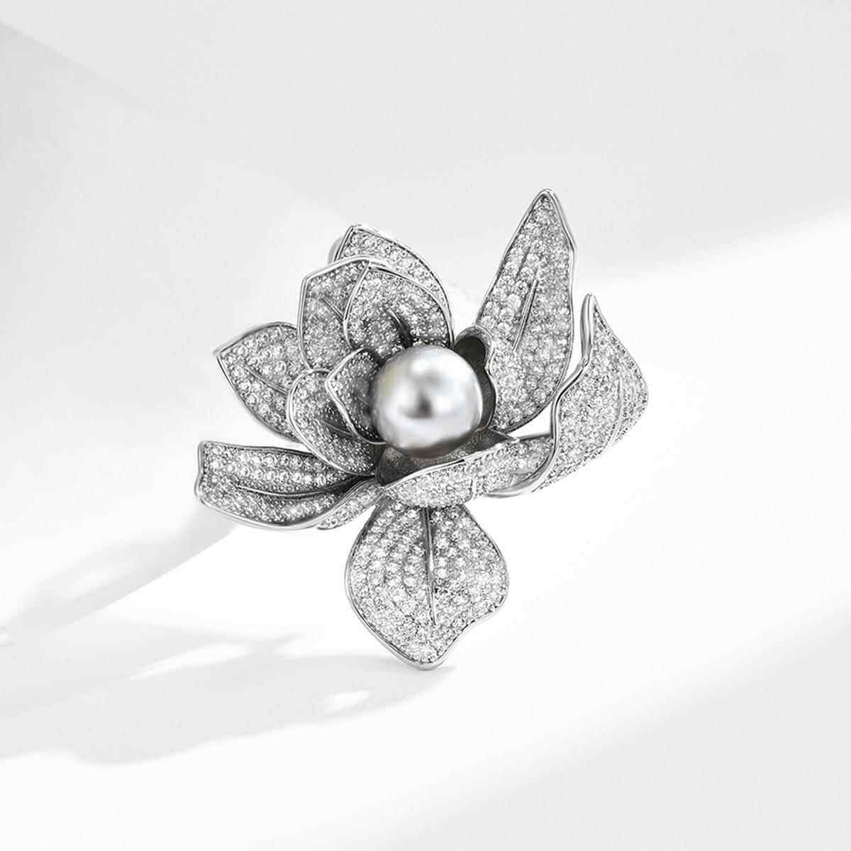 新款精美微镶锆石牡丹珍珠胸针高档优雅植物胸花防走光小众配饰品