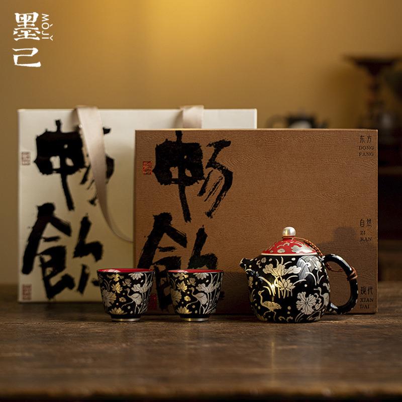 墨己银纹茶壶套组一壶两杯功夫茶具送长辈茶具礼盒装一鹭莲生套装