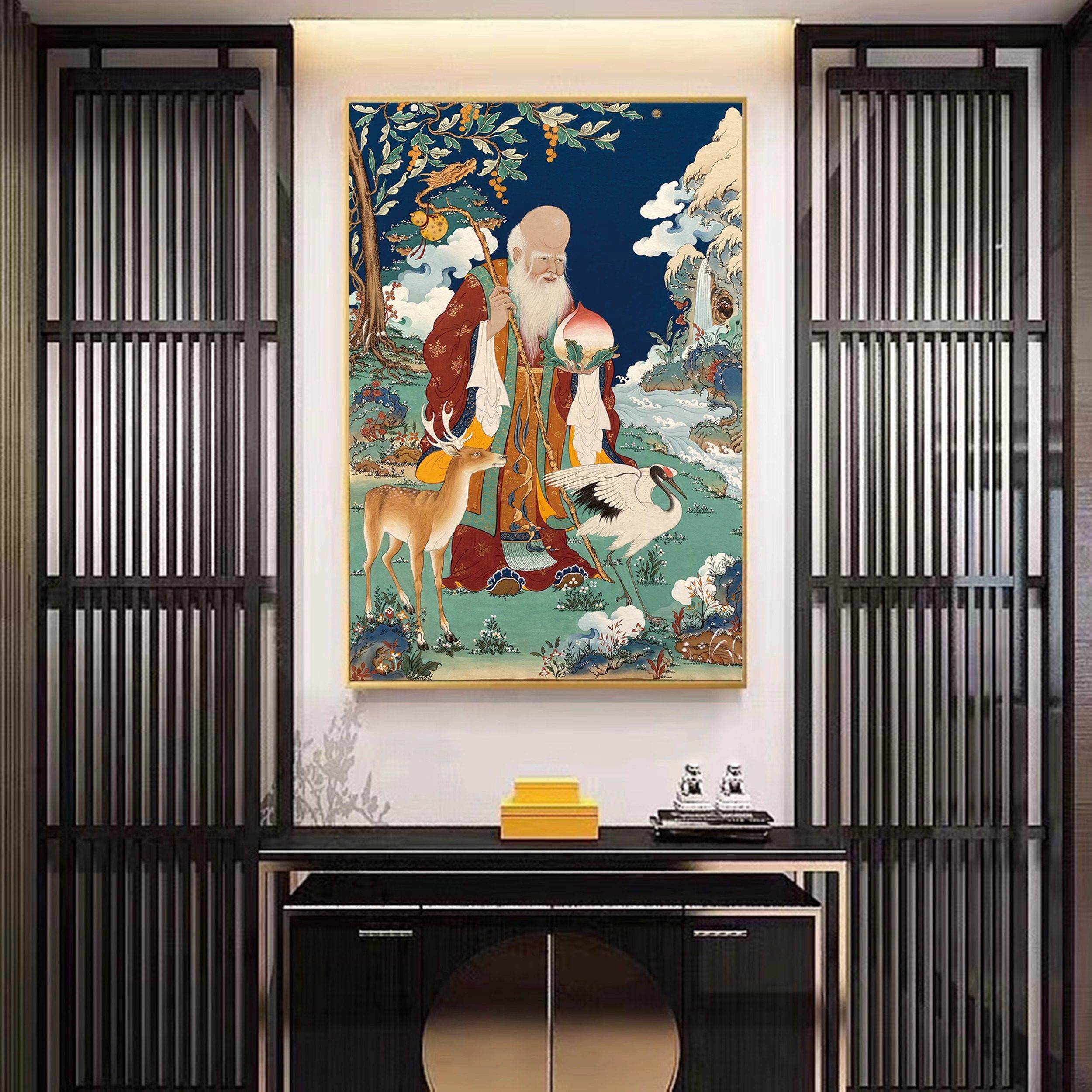 藏式和谐四瑞挂画客厅吉祥八宝壁画六长寿老人唐卡十相自在装饰画
