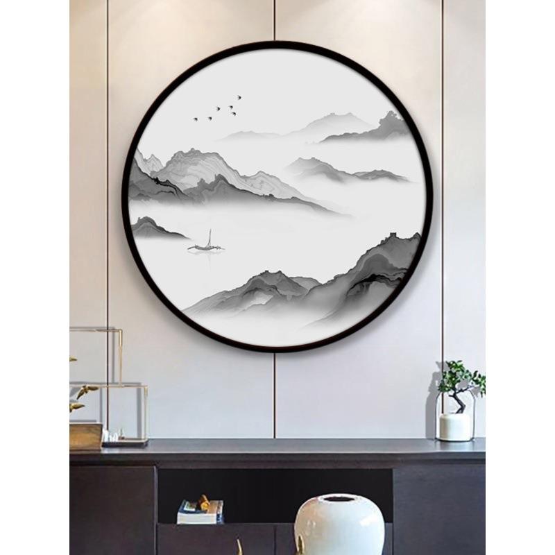 玄关装饰画新中式挂画圆形山水画水墨风水国画禅意中国风客厅壁画