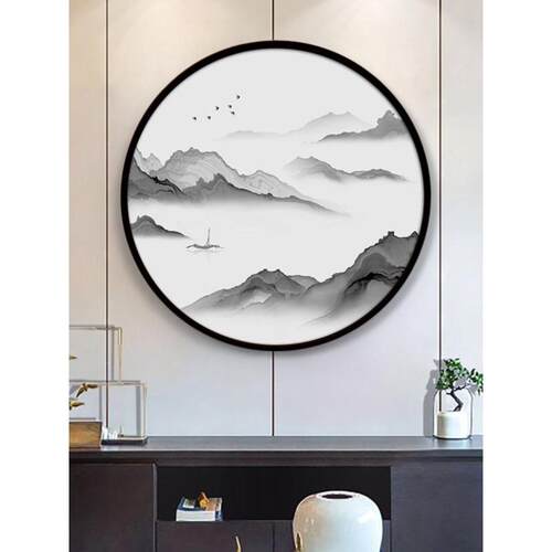 玄关装饰画新中式挂画圆形山水画水墨风水国画禅意中国风客厅壁画