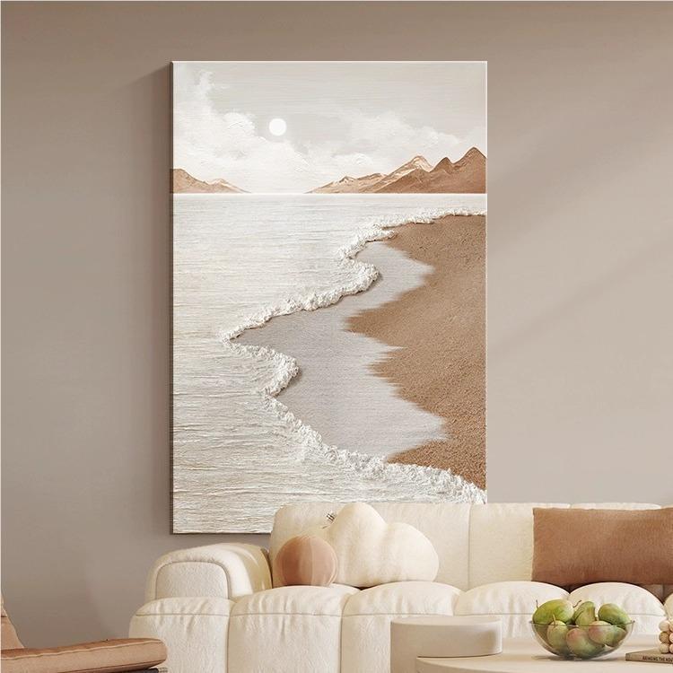 侘寂风海浪落沙滩奶BB5676油感画肌理画手绘沙发背景墙地装饰油抽