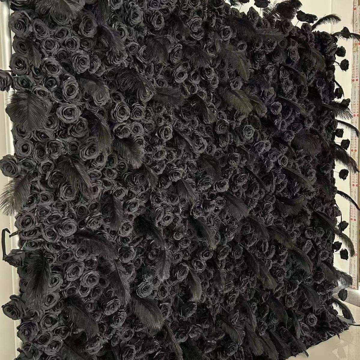 优选亚马逊仿真花网红墙布置 仿真黑色玫瑰花墙 黑色羽毛布底花墙