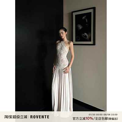 rovente 蕾丝拼接吊带洋装女夏气质名媛高级感收腰露背无袖长裙