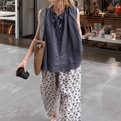 tach damas慵懒苎麻圆领系带高级感无袖显瘦衬衫松弛感休闲 上衣