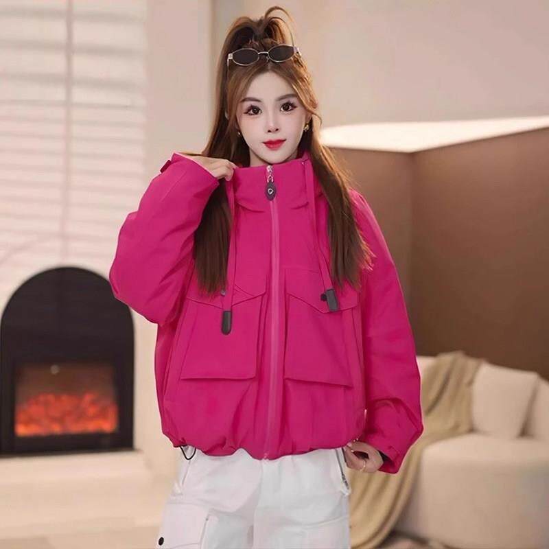 香港代购时尚工装羽绒棉服女冬季连帽派克服连帽冲锋衣棉衣短外套