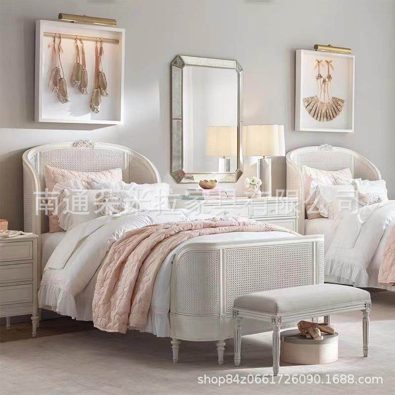 美式乡村复古轻奢编藤床1米2儿童床法式卧室白色女孩藤制单人床