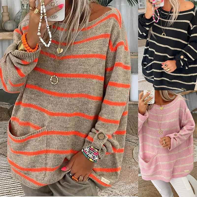 Sleeve Pocket Neck Striped Sweater Contrast Round Loose