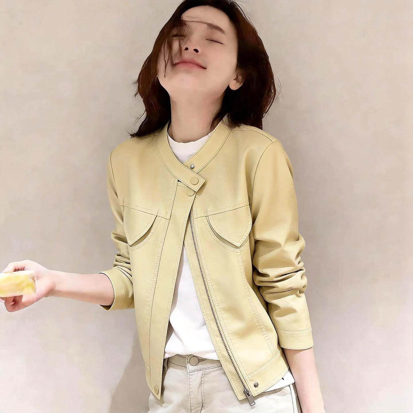韩国蛋白皮黄色皮衣外套女春秋新款小个子短款修身复古洋气皮夹克
