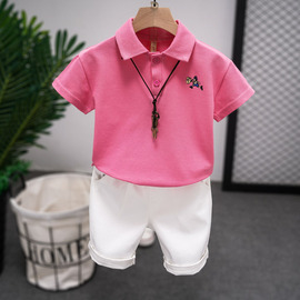 男童夏装套装2024夏季中童男宝宝时尚，短袖粉色polo衫两件套潮