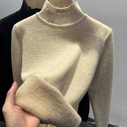 半高领加绒加厚毛衣女秋冬设计蕾丝边一体绒针织打底衫时尚