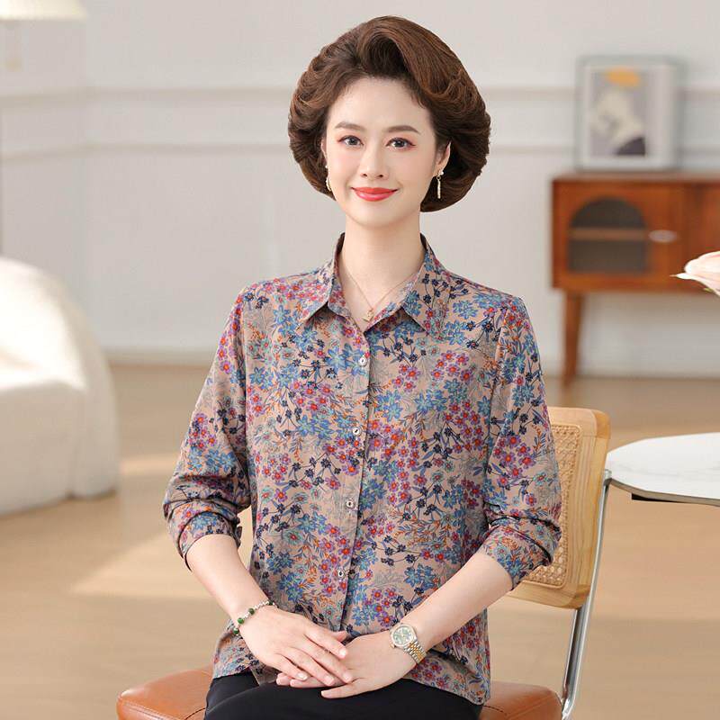 妈妈杭州真丝长袖T恤碎花上衣夏装中老年太太桑蚕丝翻领大码衬衣