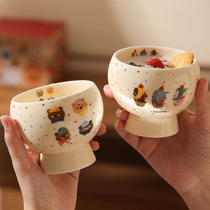 日式手握杯冰激凌酸奶杯陶瓷高脚甜品杯沙拉碗精致漂亮的杯子卡通