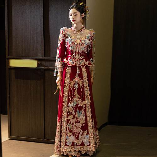 重工秀禾服2026新款结婚嫁衣丝绒中式礼服新娘敬酒婚服龙凤褂高级