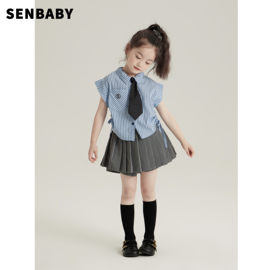 senbaby女童夏装衬衣儿童美式学院，风套装宝宝翻领，蓝条纹无袖衬衫