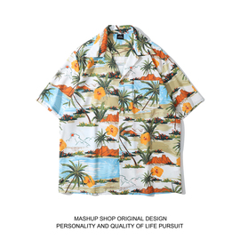 hawaiialohashirts夏威夷风沙滩，风情椰树印花短袖衬衫