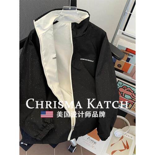 出口法国Chrisma Katch~两面穿满天星外套春秋立领宽松夹克上衣