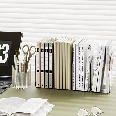 Desktop Bookend Shelf, Acrylic Transparent Storage Box, Pen