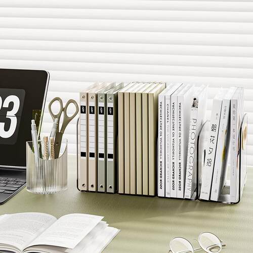 Desktop Bookend Shelf, Acrylic Transparent Storage Box, Pen
