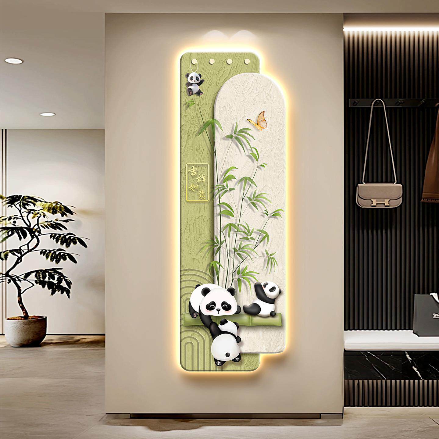 奶油风玄关装饰画创意新款入户走廊挂画熊猫发光客厅过道装饰壁画