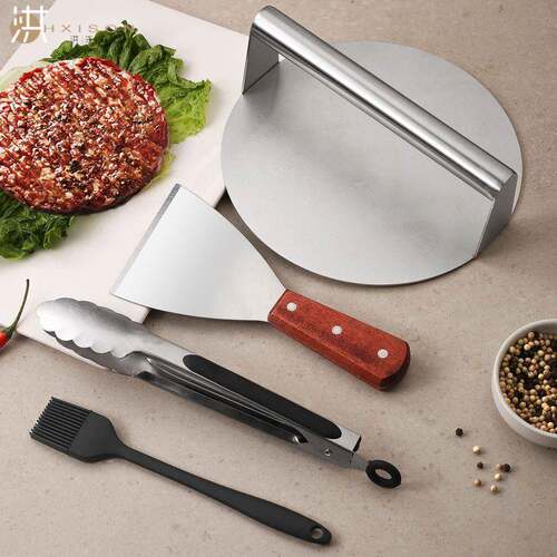 304不锈钢压肉器大号22cm 肉饼模具4件套汉堡压肉板压饼器 牛排压