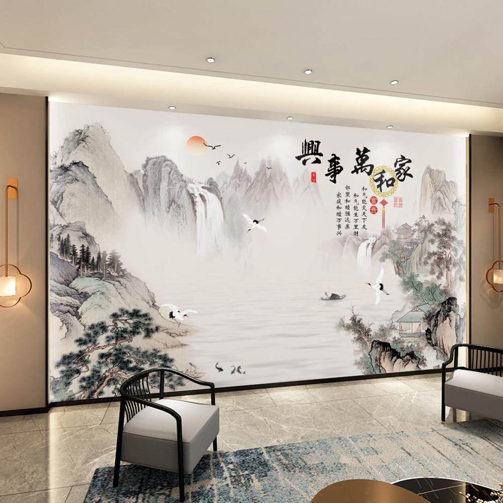 电视背景墙壁纸2025新款影视墙装饰中式山水墨画墙布自粘8D墙贴画