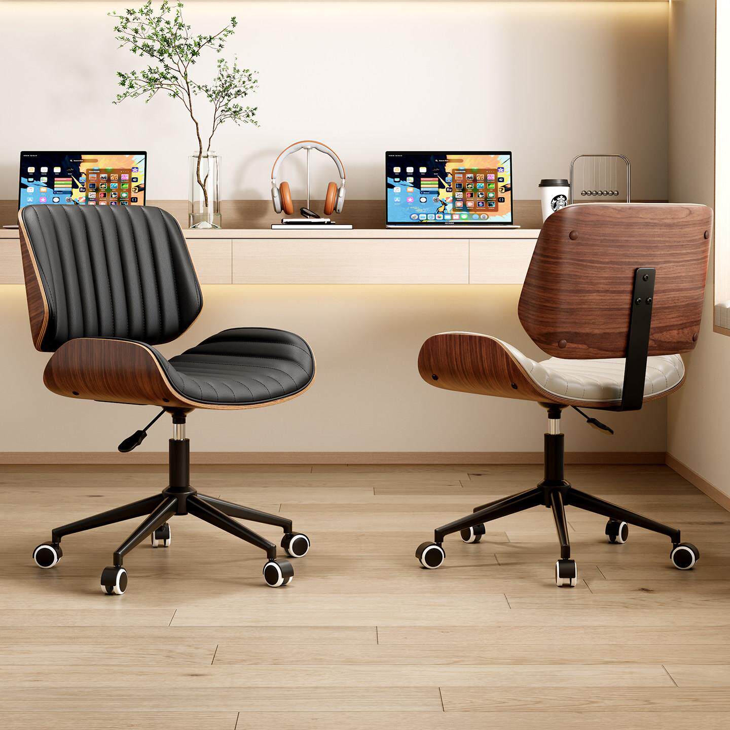 实木椅子电脑椅家用真皮旋转办公舒适升降会议学习书桌椅卧室女生