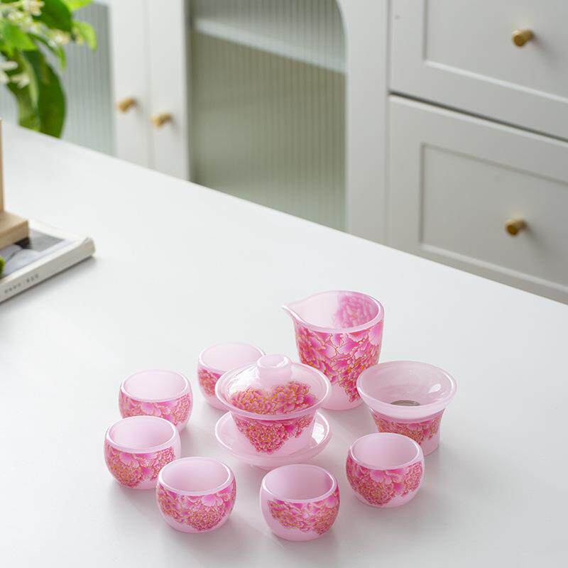 新品粉玉琉璃茶具牡丹花三才盖碗家用高档套装泡茶具防烫茶手抓碗