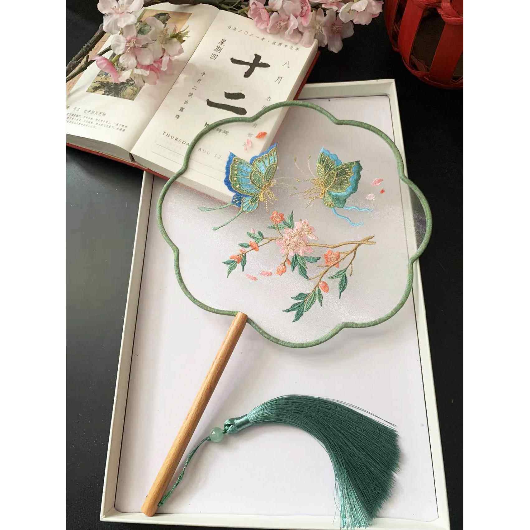 小扇子舞蹈扇古典刺绣花团扇古风汉服跳舞扇绿色中国风宫扇夏季女