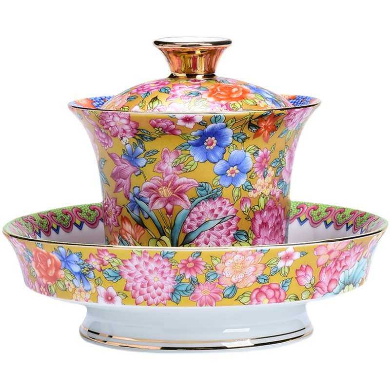 盖碗茶杯茶碗茶具宫廷风珐琅彩万花内龙鱼茶碗陶瓷白瓷功夫三才碗,餐饮具,盖碗,淘宝优惠券,粉丝福利购,淘宝优惠卷